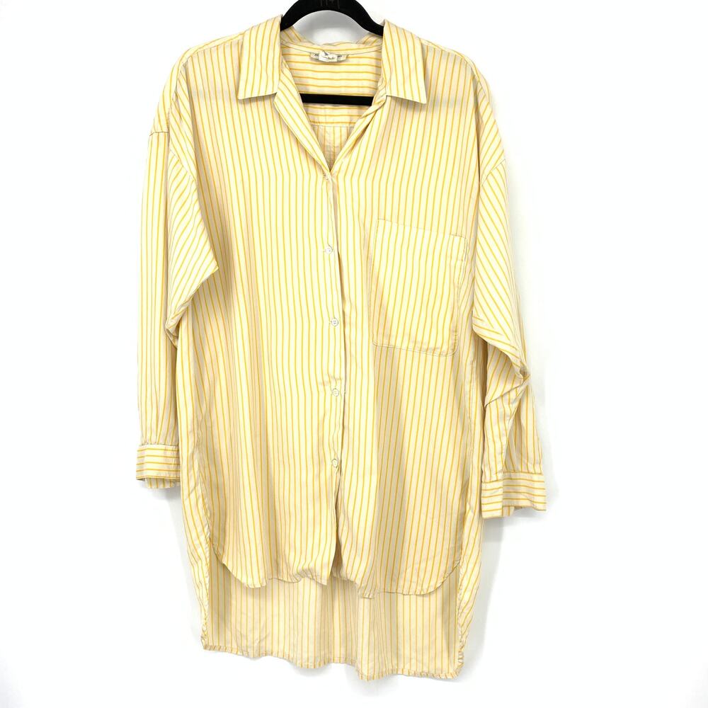 Alfred Sung Button Front High Low Long Sleeve Shirt Sz 6 Yellow Stripe *FLAWED